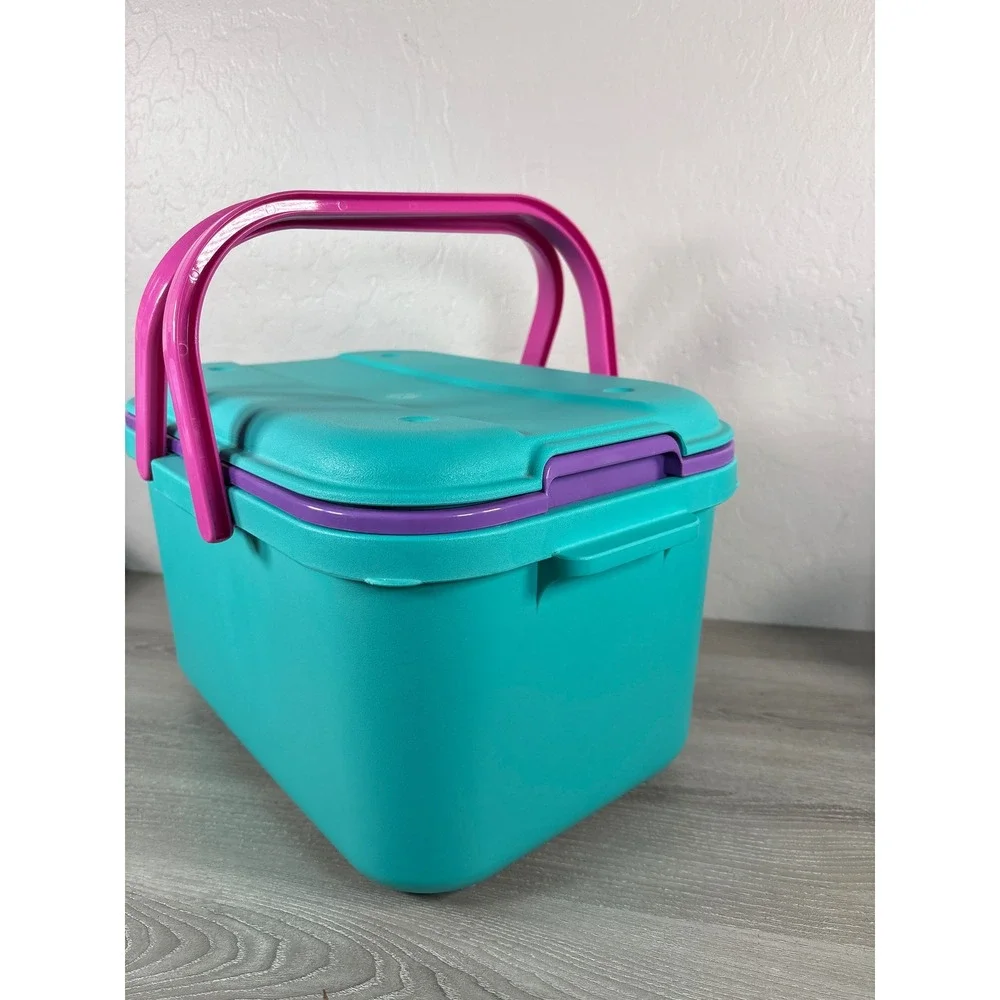 Vintage Eagle Plastic Picnic Basket Craft Storage Box Teal Pink Purple 90s USA
